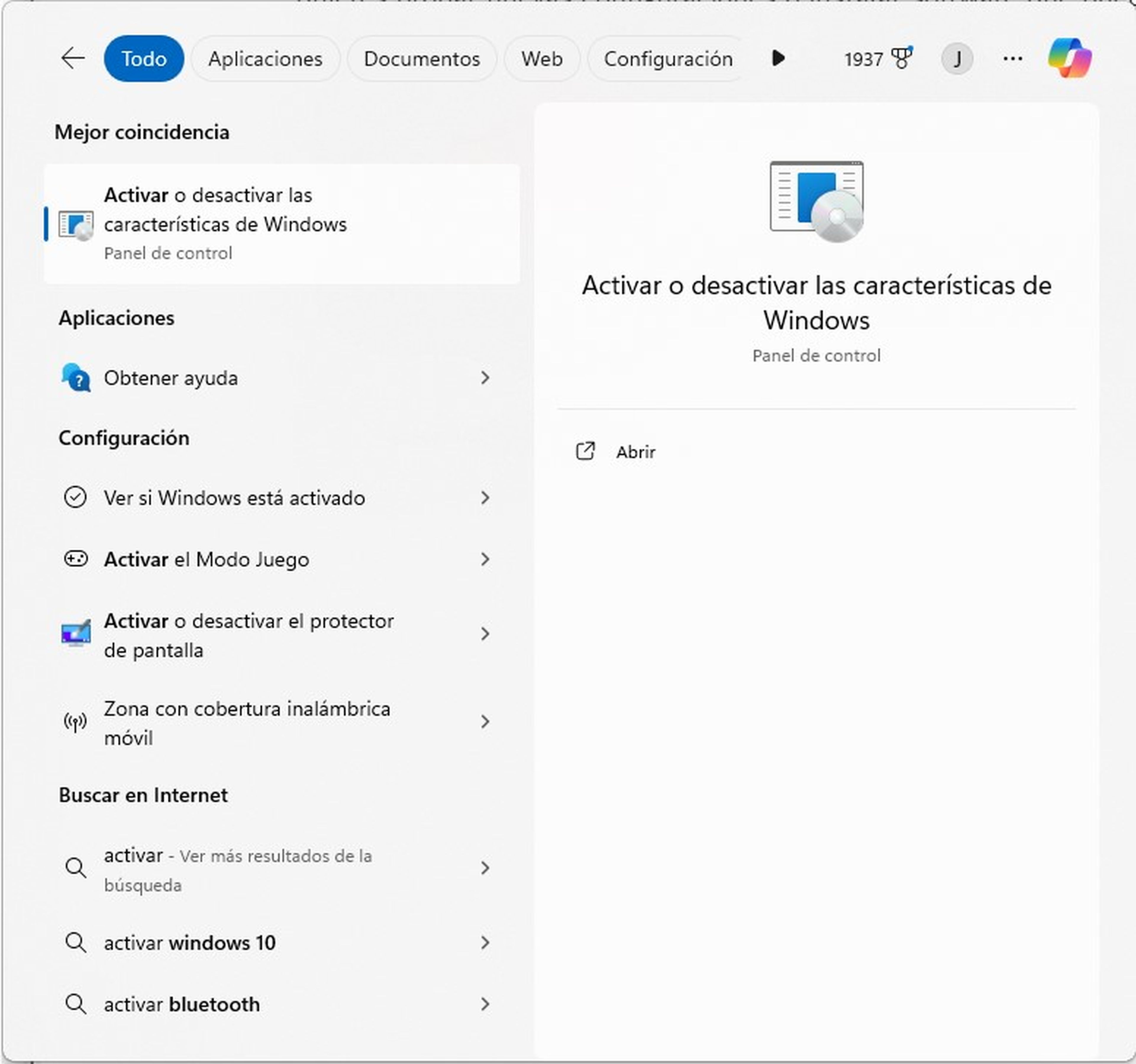 Activar o desactivar las características de Windows